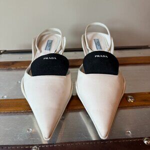 Cloth Prada Kitten Heel Slingback White and Black Heels- 37.5